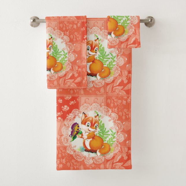fox and butterfly pattern bath towel set (Insitu)