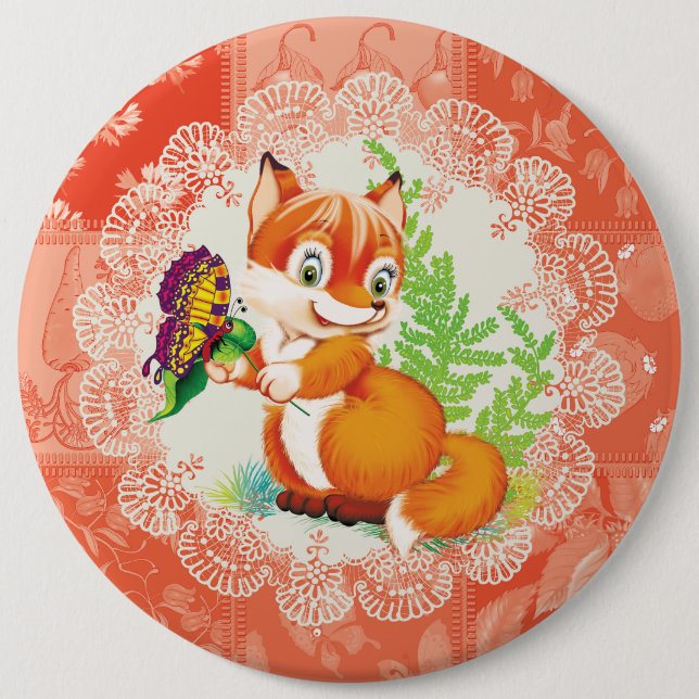 fox and butterfly pinback button (Front)