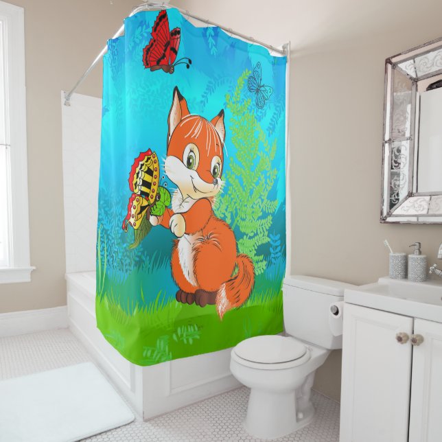 fox and butterfly shower curtain (In Situ)