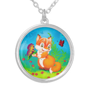 fox and butterfly silver plated necklace