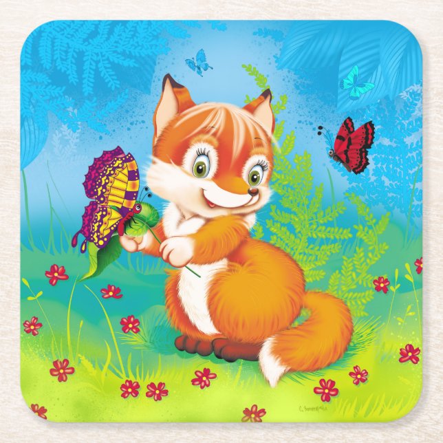fox and butterfly square paper coaster (Front)