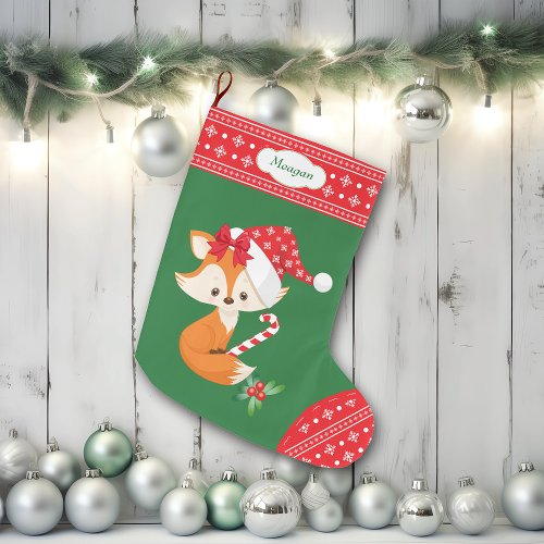 Fox and Candy Cane Large Christmas Stocking