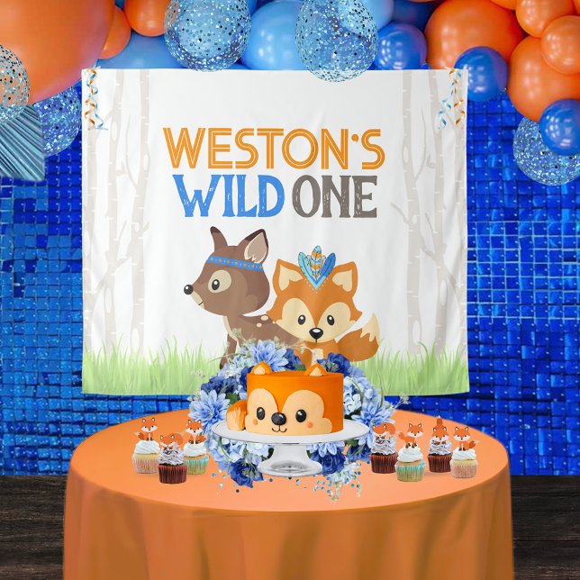 Fox and Deer Wild One Forest Trees Party Backdrop (Personalized Tribal Forest Fox and Deer Woodland Wild One 1st Birthday Backdrop. 4 Sizes Available)