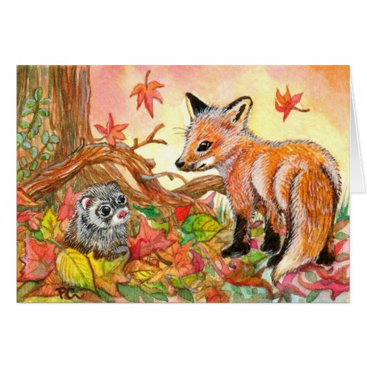 Fox and Ferret in Autumn Leaves Cards (Front Horizontal)