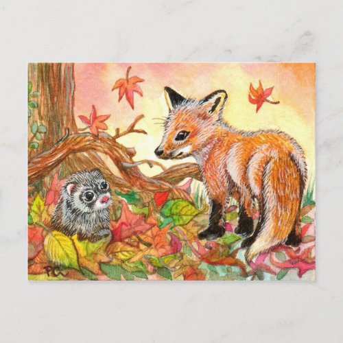 Fox and Ferret in Autumn Leaves Postcard