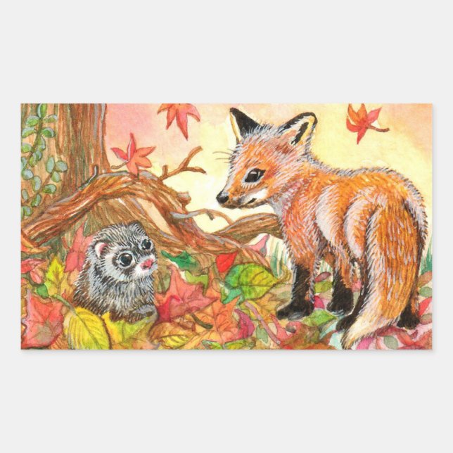 Fox and Ferret in Autumn Leaves Rectangular Sticker (Front)
