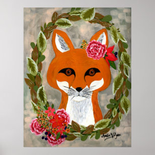 Fox and floral greenery wreath for kids poster