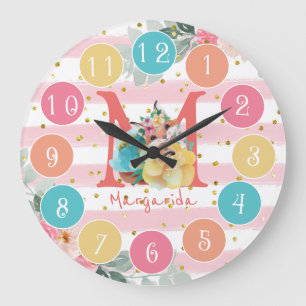 Fox And Flower Illustration Baby Nursery  Large Clock