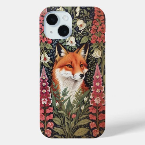 Fox and Foxglove Flowers William Morris Inspired iPhone 15 Case