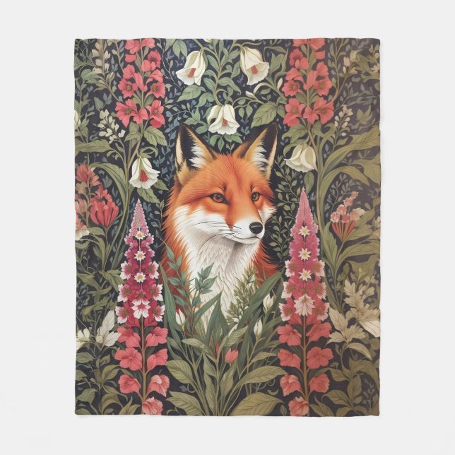 Fox and Foxglove Flowers William Morris Inspired Fleece Blanket (Front)