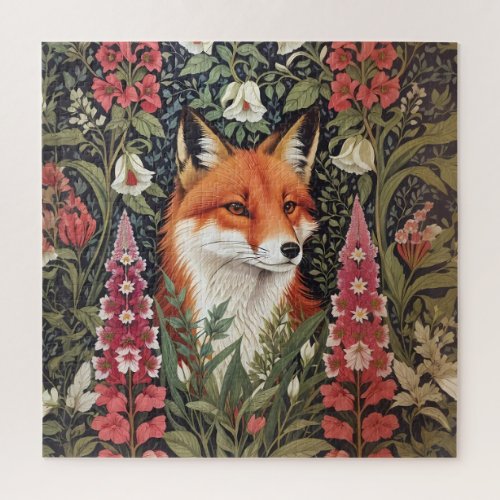 Fox and Foxglove Flowers William Morris Inspired Jigsaw Puzzle