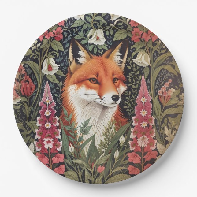 Fox and Foxglove Flowers William Morris Inspired Paper Plates (Front)