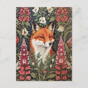 Fox and Foxglove Flowers William Morris Inspired Postcard