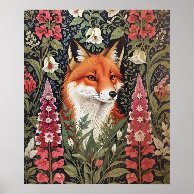 Fox and Foxglove Flowers William Morris Inspired Poster (Front)