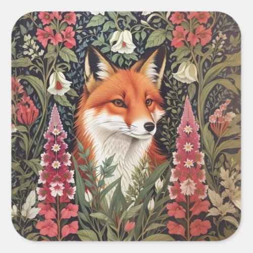 Fox and Foxglove Flowers William Morris Inspired Square Sticker