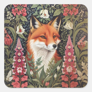 Fox and Foxglove Flowers William Morris Inspired Square Sticker