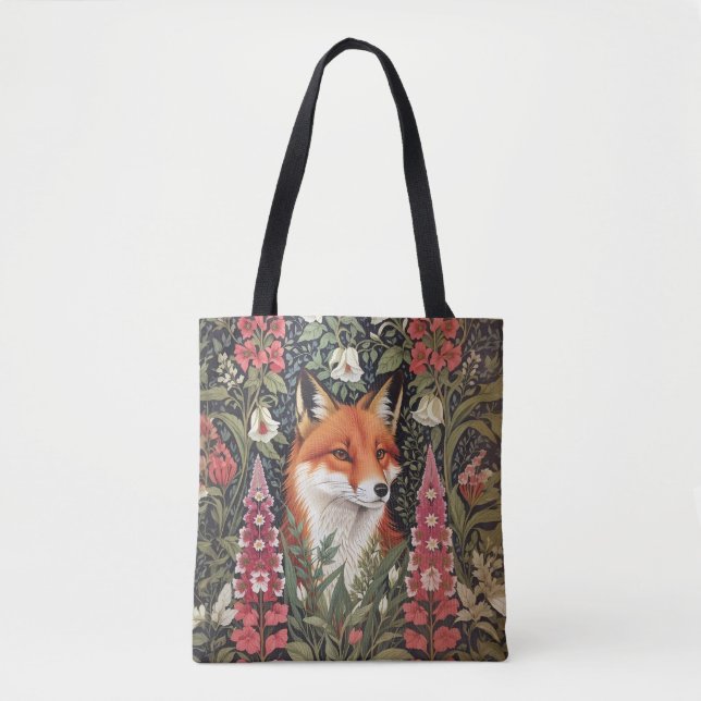 Fox and Foxglove Flowers William Morris Inspired Tote Bag (Front)
