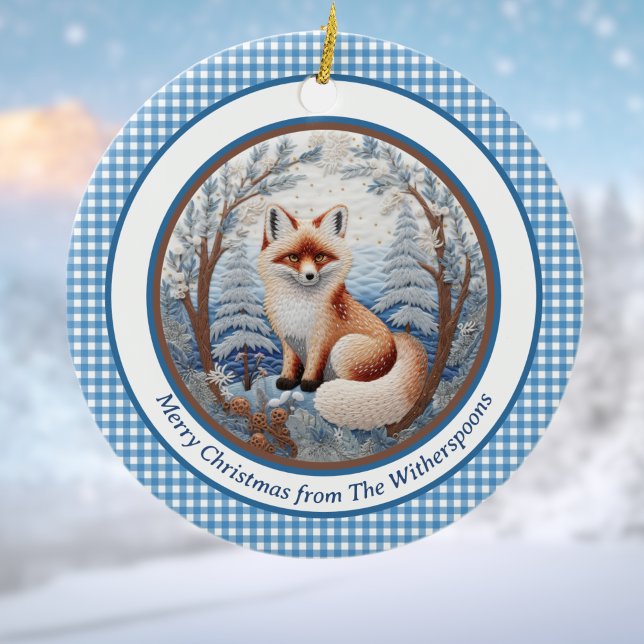 Fox and Gingham Charming Personalized Christmas Ceramic Ornament (Creator Uploaded)