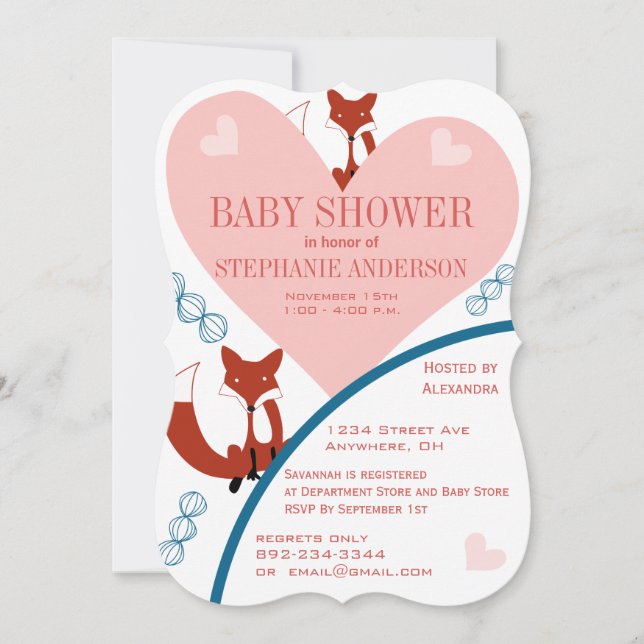 Fox and Hearts Baby Girl Shower Invitations (Front)