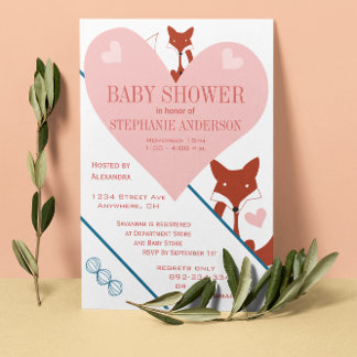 Fox and Hearts Baby Girl Shower Invitations