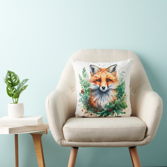 Fox and Holly with Red Berries Throw Pillow (Chair)
