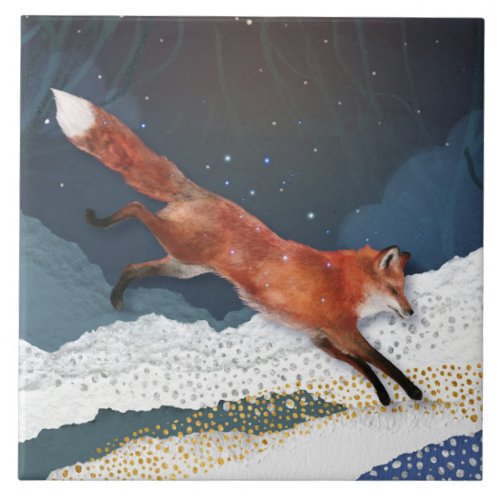 Fox And Moon Magical Fairytale Landscape Painting Ceramic Tile