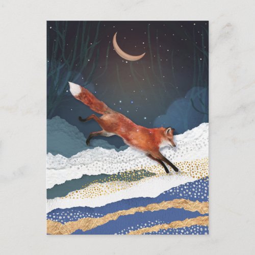 Fox And Moon Magical Fairytale Landscape Painting Postcard