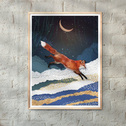 Fox And Moon Magical Fairytale Landscape Painting  Poster