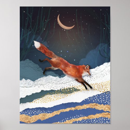 Fox And Moon Magical Fairytale Landscape Painting Poster