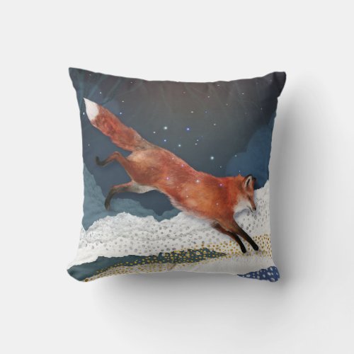 Fox And Moon Magical Fairytale Landscape Painting Throw Pillow