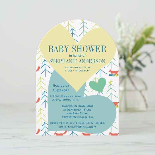 Fox and Pine Tree Baby Boy Shower Invitations (Standing Front)