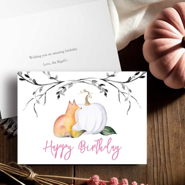 Fox and Pumpkin Greeting Card For Birthday (Greeting card for birthday features a watercolor fox and pumpkin)