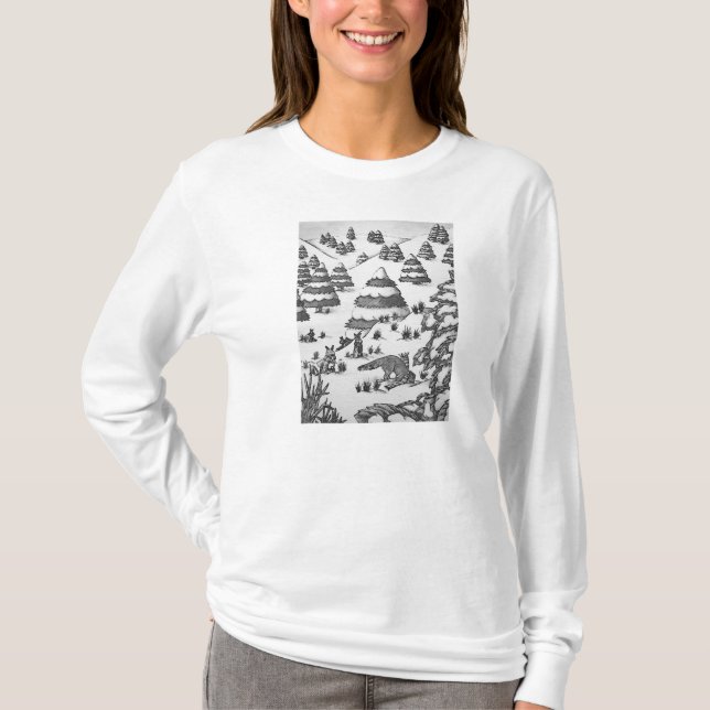 fox and rabbit black and white winter snow scene T-Shirt (Front)