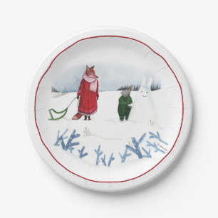 Fox And Rabbit Illustration Holiday Snow Christmas Paper Plates