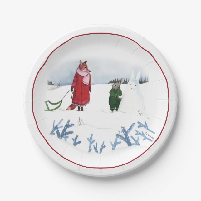 Fox And Rabbit Illustration Holiday Snow Christmas Paper Plates (Front)
