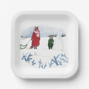 Fox And Rabbit Illustration Holiday Snow Christmas Paper Plates