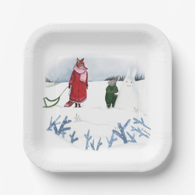 Fox And Rabbit Illustration Holiday Snow Christmas Paper Plates (Front)