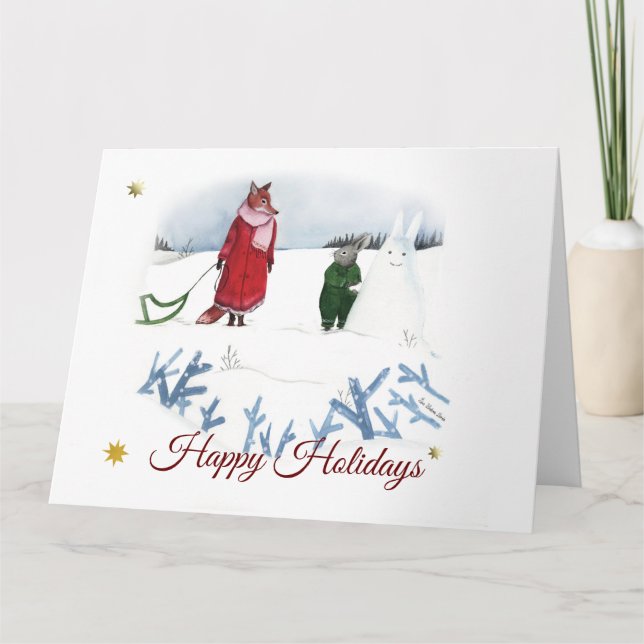 Fox And Rabbit Winter Illustration Christmas Card (Front)