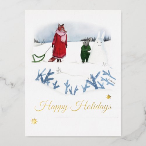 Fox And Rabbit Winter Illustration Christmas Foil Holiday Postcard