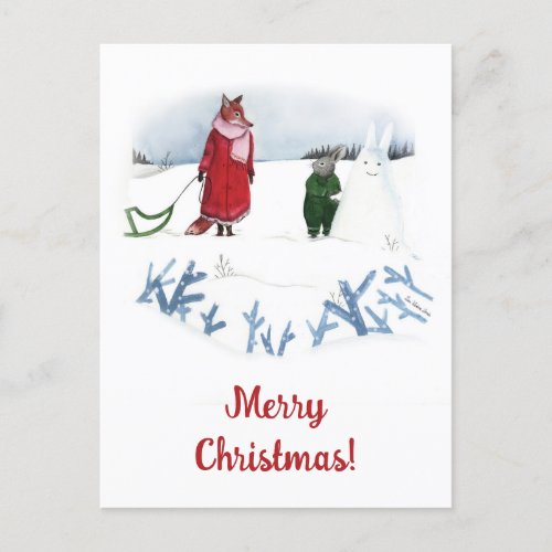 Fox And Rabbit Winter Illustration Christmas  Postcard