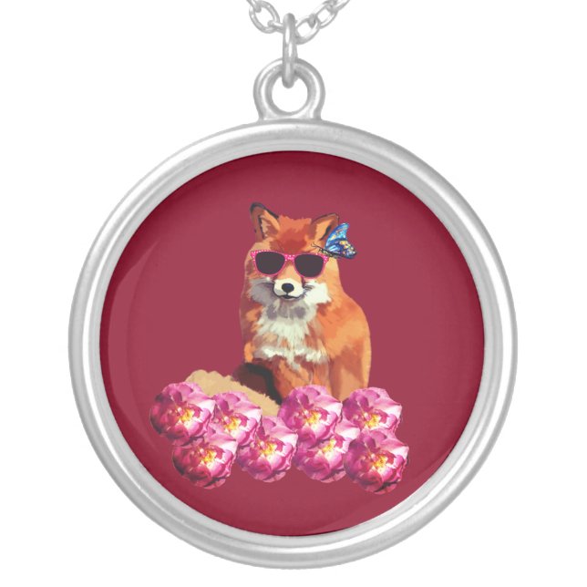 Fox and Roses  Art Round Necklace (Front)