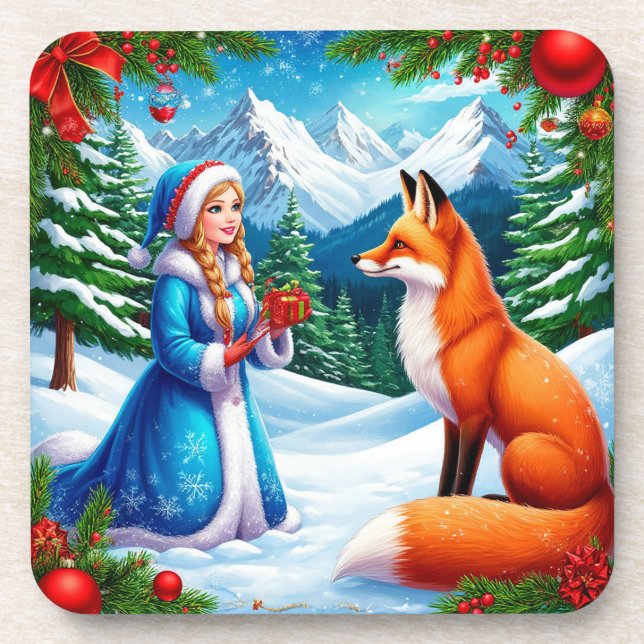 Fox and Snow Maiden in Winter Woodland Scene Beverage Coaster (Front)