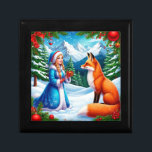 Fox and Snow Maiden in Winter Woodland Scene Gift Box<br><div class="desc">Idyllic holiday-themed scene featuring a Snow Maiden in a festive outfit interacting with a fox amidst snow and evergreen decorations, set against a backdrop of snowy mountains.</div>