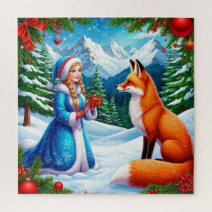 Fox and Snow Maiden in Winter Woodland Scene Jigsaw Puzzle