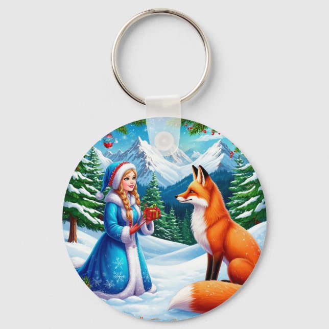 Fox and Snow Maiden in Winter Woodland Scene Keychain (Front)