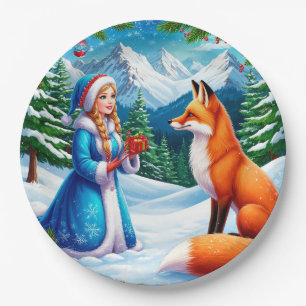 Fox and Snow Maiden in Winter Woodland Scene Paper Plates
