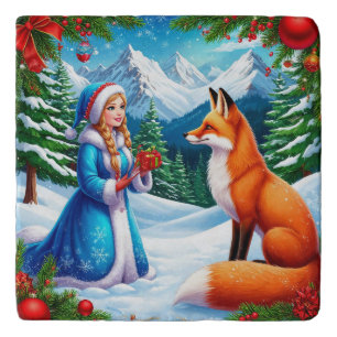 Fox and Snow Maiden in Winter Woodland Scene Trivet