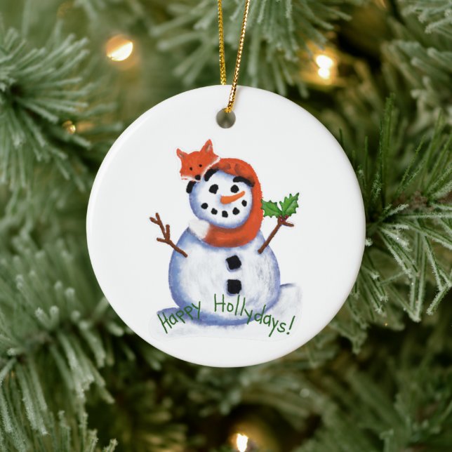 Fox and Snowman Happy Hollydays! Ceramic Ornament (Tree)