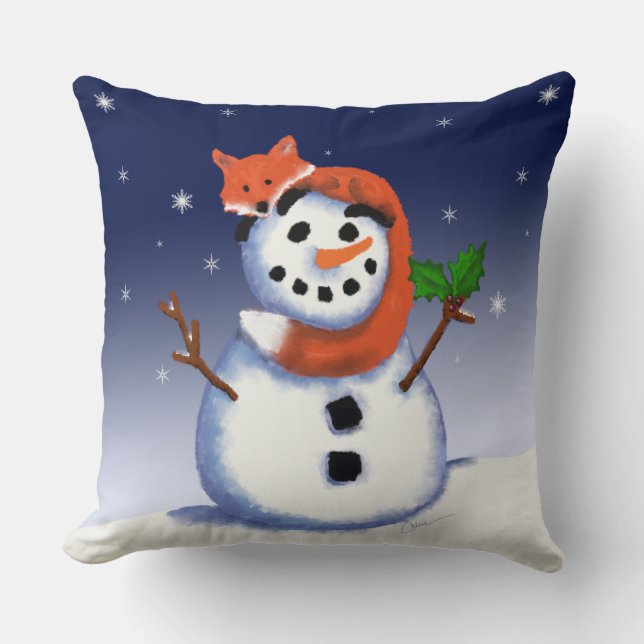 Fox and Snowman | Hollydays Friends | Christmas Throw Pillow (Front)