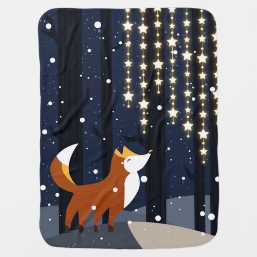 Fox and strings of star lights in the snowy forest baby blanket